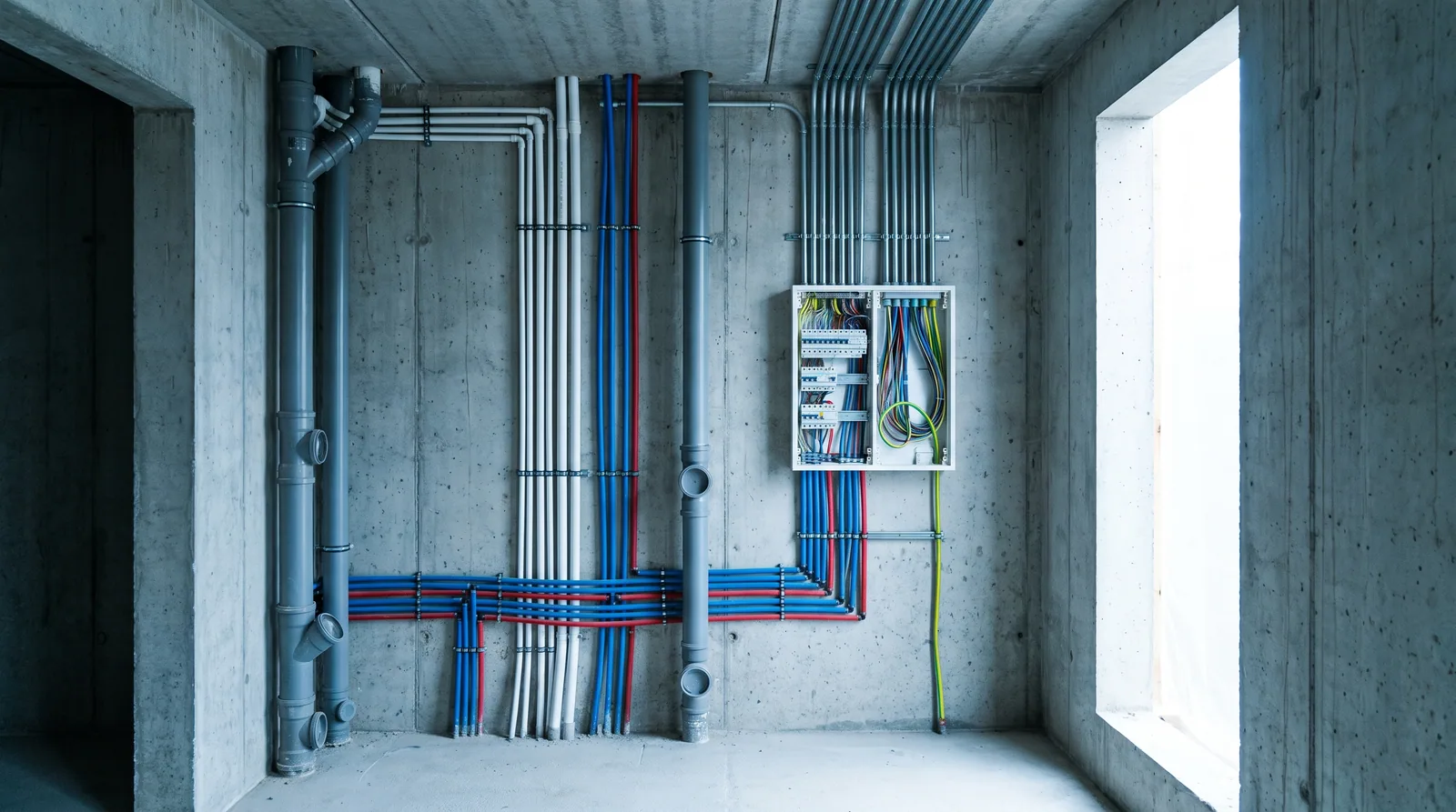 Vista de instalaciones hidráulicas, sanitarias y eléctricas en obra gris, con tuberías, tableros y conduit a la vista.