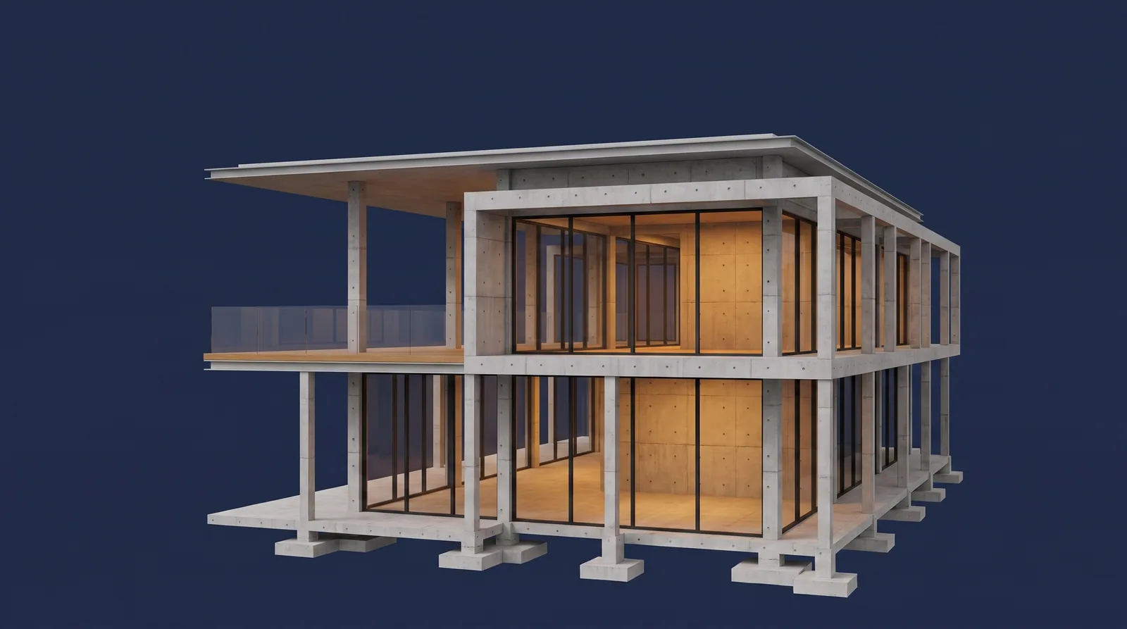 Renderizado arquitectónico fotorrealista de la misma vivienda terminada, con acabados en concreto, vidrio y madera.